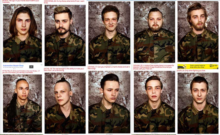 Photo series of "sad" "Lithuanian" men "reacting" to Lithuanian conscription legislation shot by Lithuanian photographer Neringa Rekasiute.
