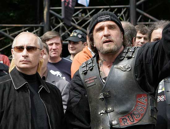 Putin with the leader of the Night Wolves motorcycle gang, Aleksandr Zaldostanov. Widely referred to as Russia's Hell's Angels, The Night Wolves have organized neo-fascist demonstrations and rides. The staunchly pro-Stalinist gang are sanctioned and banned from entry into Canada, USA, Poland and Germany and other EU states due to their activities.