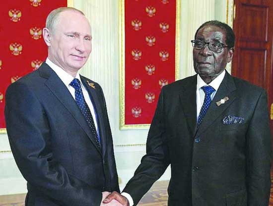 Zimbabwean dictator, Robert Mugabe, is banned from travelling to most western countries due to widespread human rights abuse. Putin met with Mugabe in May to discuss a $4 Billion Zimbabwe mining deal. During the meeting they joked about western sanctions.