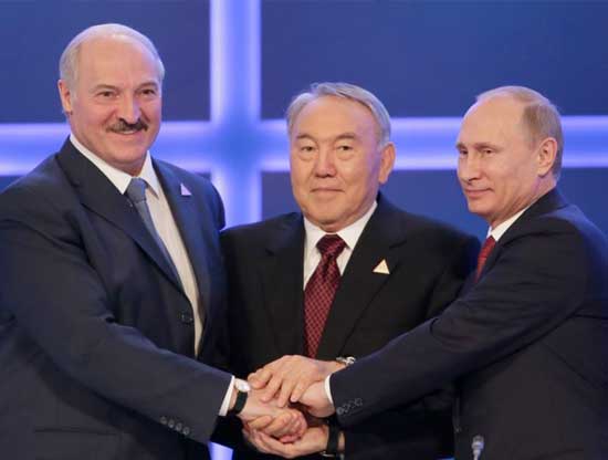 Famously corrupt Belorussian strong man, Alexander Lukashenko is seen here with long time Kazakhstan dictator, Nursultan Nazarbayav, whose country has never held a free election, joining their friend Vladimir Putin in celebrating the Eurasian Union (a union of totalitarian states of the former Soviet Union). 