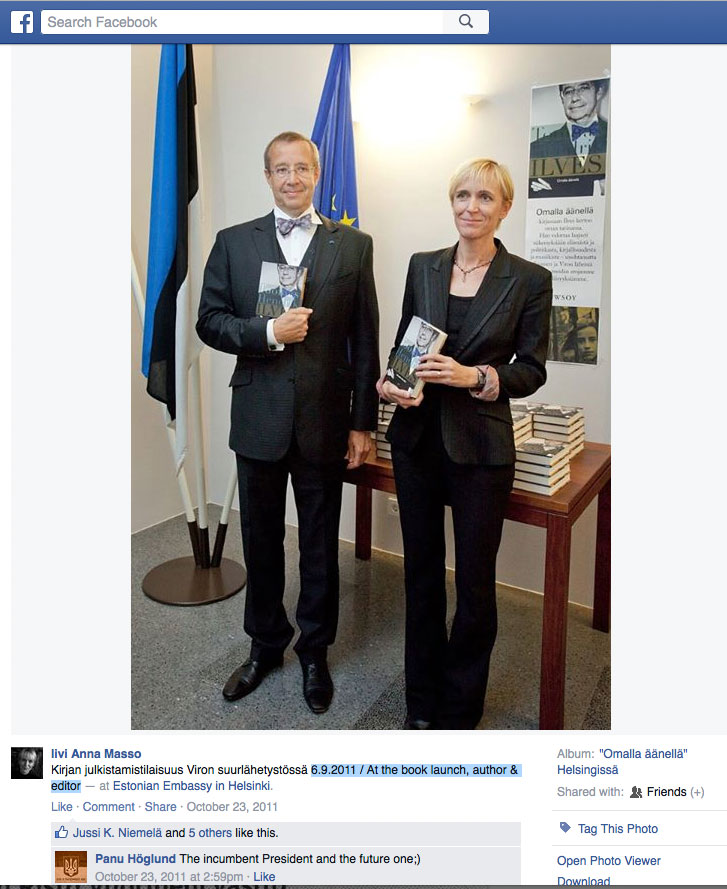 Facebook screenshot of President Toomas Hendrik Ilves and Iivi Anna Masso at the Finnish launch of their book "Omalla äänellä" in Helsinki, September 2011.
