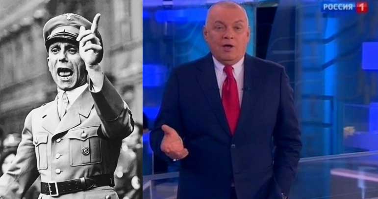 Like Hitler's propaganda chief, Joseph Goebbles, Russian state television news host, Dimitry Kiselev often goes on anti-Western and xenophobic rants. He once told Russian viewers that gay Russians "should be banned from donating blood, sperm. And their hearts, in case of the automobile accident, should be buried in the ground or burned as unsuitable for the continuation of life." 