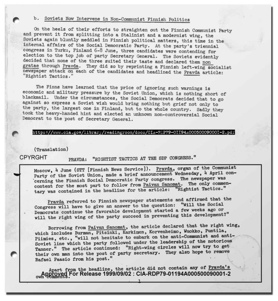 CIA report "Soviets now intervene in non-communist Finnish Politics