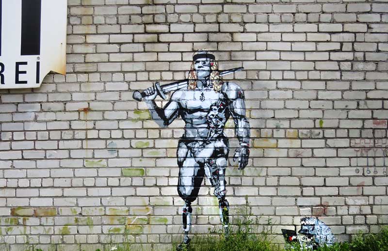 Existing street art by Edward von Lõngus, Kalevipoeg and a hedgehog hacker